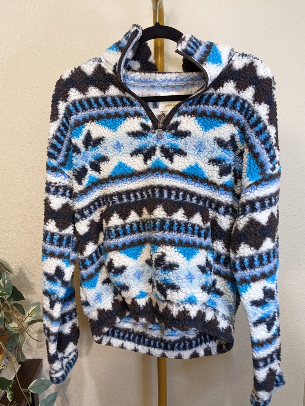 Aerie Sherpa Fleece Quarter Zip Fair Isle Pullover Sweater